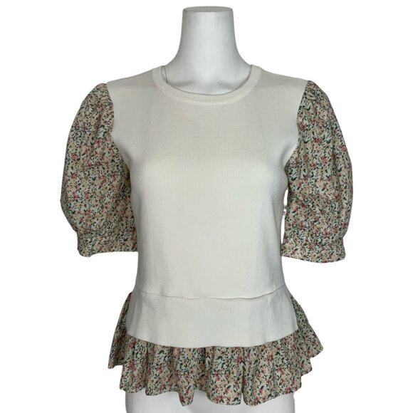 Anthropologie Layered Poplin-Sleeve Sweater S Cream Peplum Crewneck Heritage - Picture 1 of 15